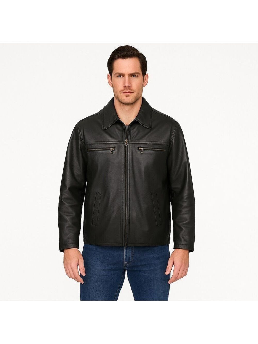 Armani Exchange Genuine Leather Jacket Large Black Zippered Luxe Quiet luxury